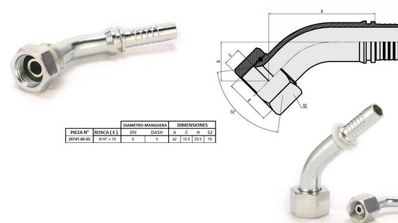 Imagen de HEMBRA CURVA 45° JIC 9/16'' UNF X 18F 05 MANG.5/16''